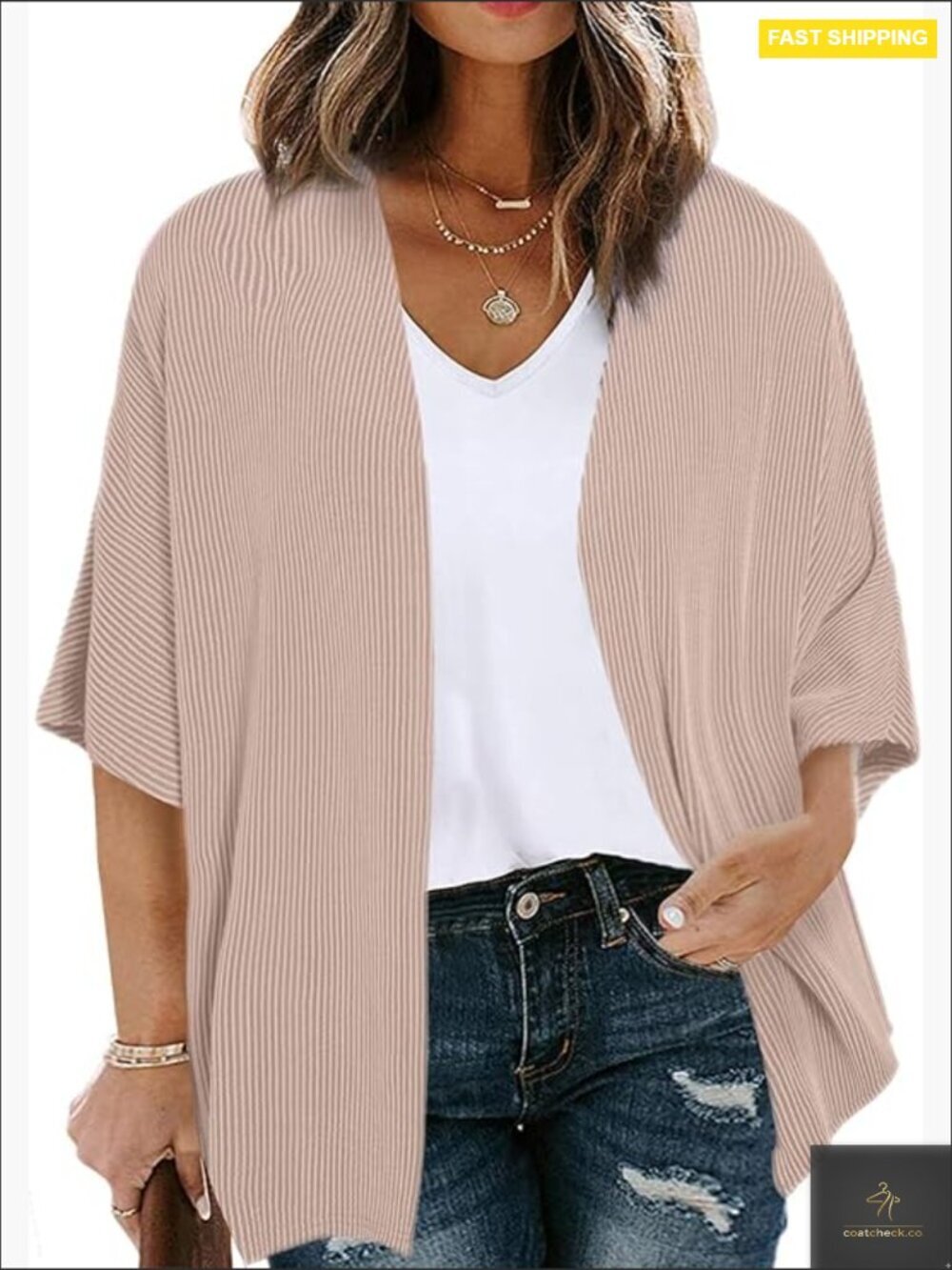 Plus Size Lightweight Cardigan Half Sleeve Ribbed Knit Kimono Open Front
